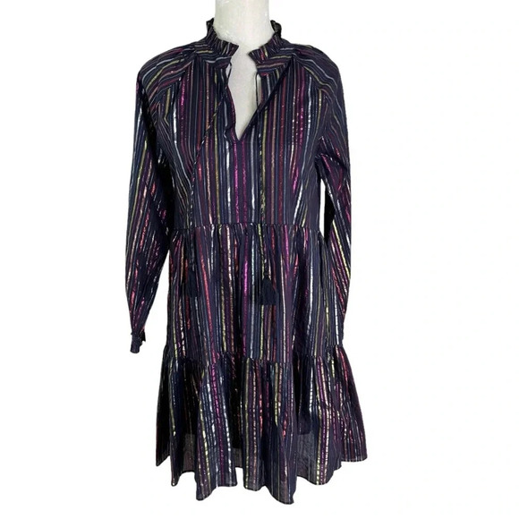 Roller Rabbit Janni Rainbow Lurex Stripe Tiered Dress Dark Navy Size XS NWT - Picture 3 of 13